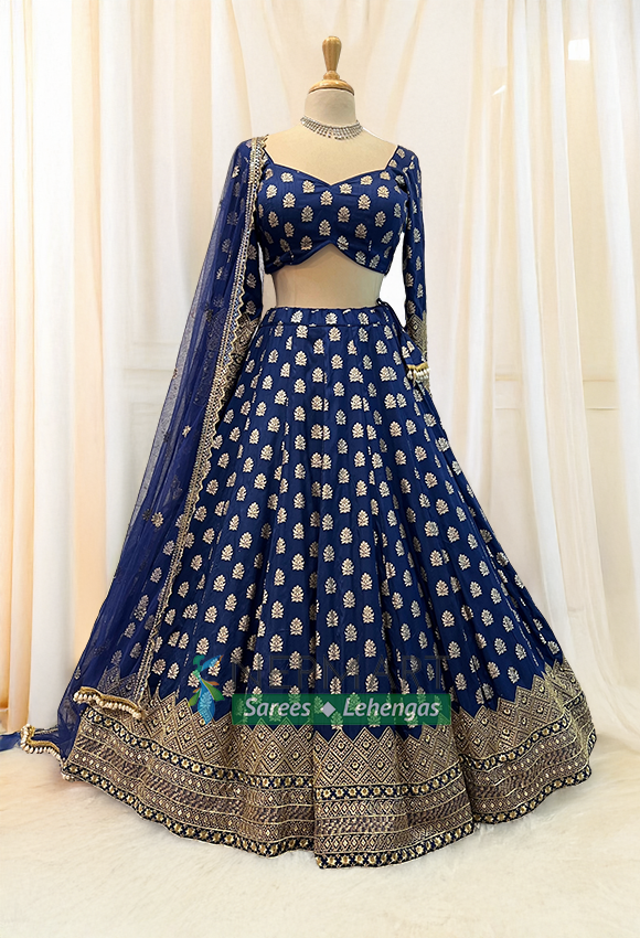 Navy Blue Banarasi Silk Lehenga