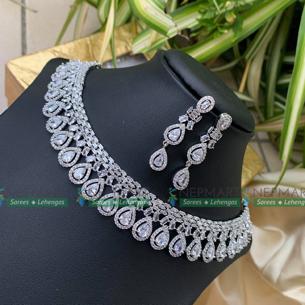 American Diamond Silver Wedding Necklace Earring set