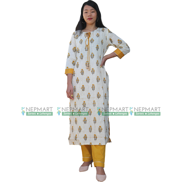 White and Mustard Cotton Kurti Set