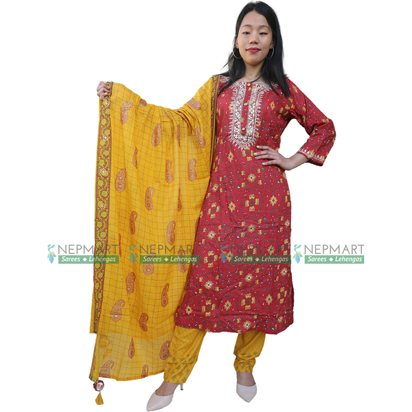 Dark Red Kurti Set with Yellow Shawl