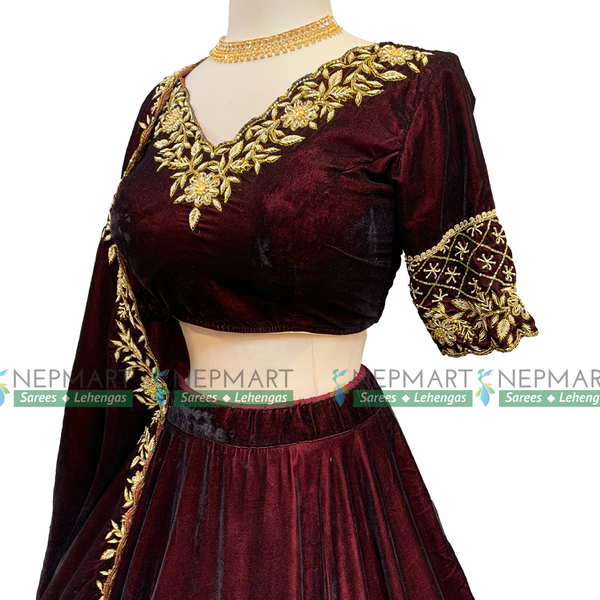 Dark Maroon Handwork Velvet Lehenga Choli