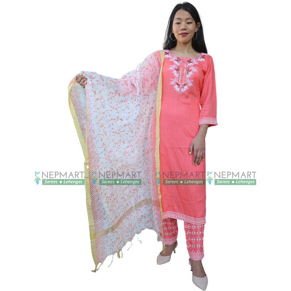 Pink Kurti with White Shawl